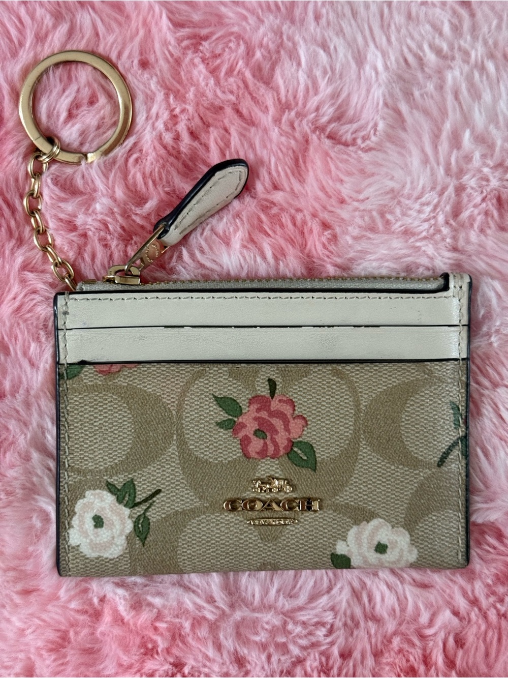 Coach Beige Floral Signature Card Case Keychain